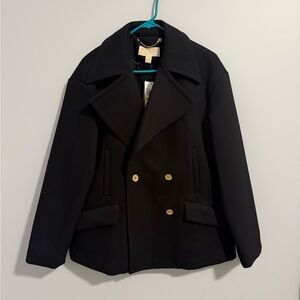 Michael Kors Elegant Black Pea Coat with Gold Accents